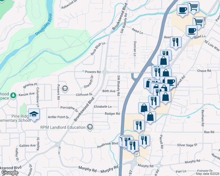 map of restaurants, bars, coffee shops, grocery stores, and more near 20080 Mount Hope Lane in Bend