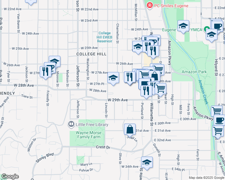 map of restaurants, bars, coffee shops, grocery stores, and more near 2909 Charnelton Street in Eugene