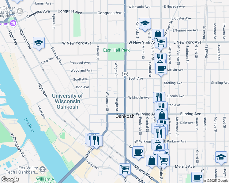 map of restaurants, bars, coffee shops, grocery stores, and more near 750 Wright Street in Oshkosh