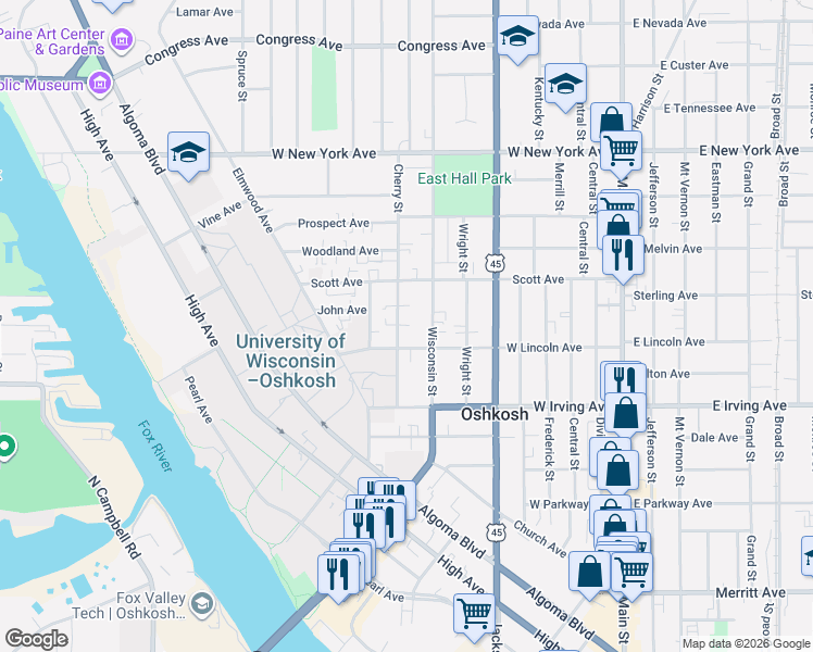 map of restaurants, bars, coffee shops, grocery stores, and more near 750 Cherry Street in Oshkosh