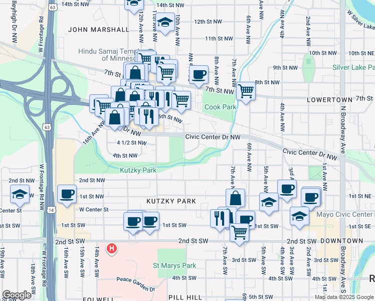 map of restaurants, bars, coffee shops, grocery stores, and more near 224 9th Avenue Northwest in Rochester