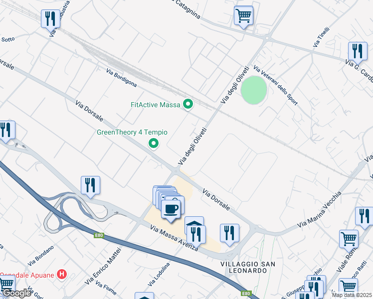 map of restaurants, bars, coffee shops, grocery stores, and more near 110 Via degli Oliveti in Massa