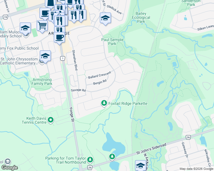 map of restaurants, bars, coffee shops, grocery stores, and more near 337 Savage Road in Newmarket