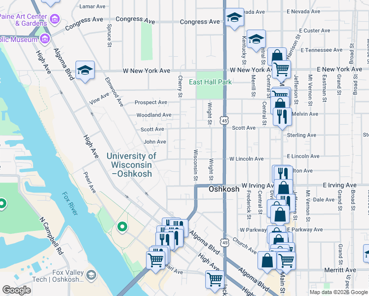 map of restaurants, bars, coffee shops, grocery stores, and more near 845 Cherry Street in Oshkosh