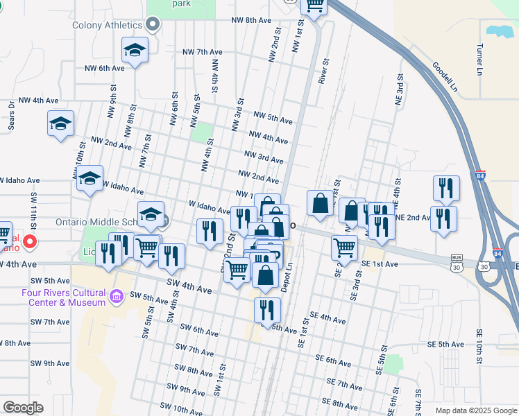 map of restaurants, bars, coffee shops, grocery stores, and more near 124 Northwest 1st Avenue in Ontario