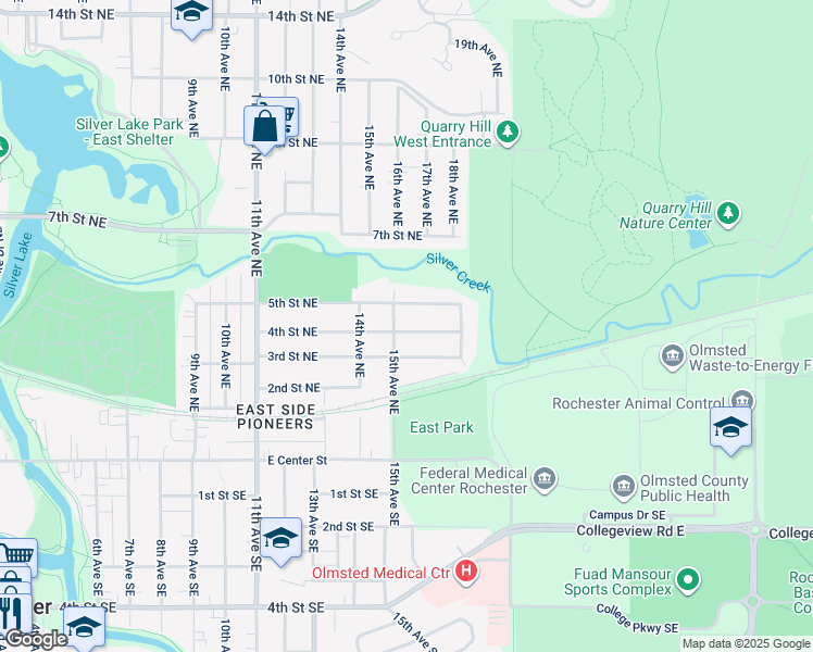 map of restaurants, bars, coffee shops, grocery stores, and more near 1513 4th Street Northeast in Rochester