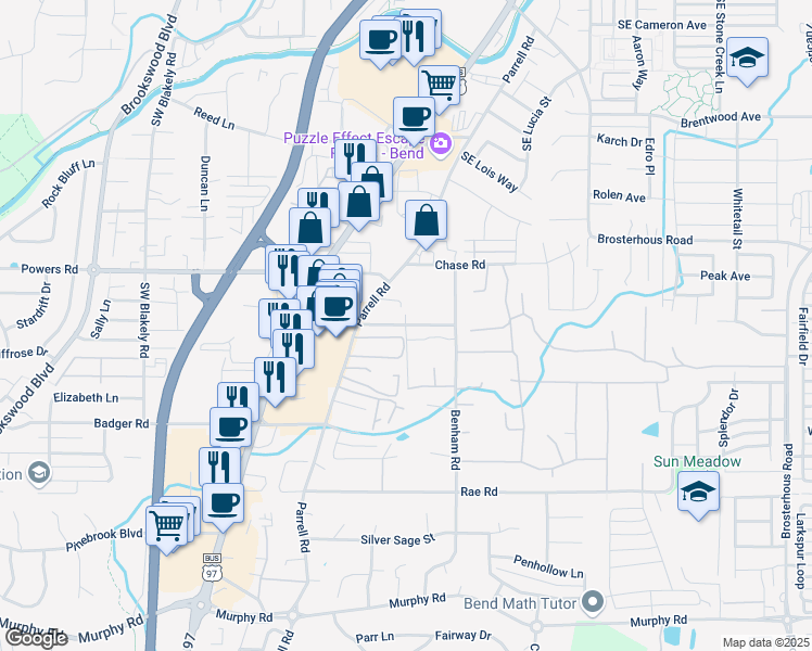 map of restaurants, bars, coffee shops, grocery stores, and more near 61344 Parrell Road in Bend
