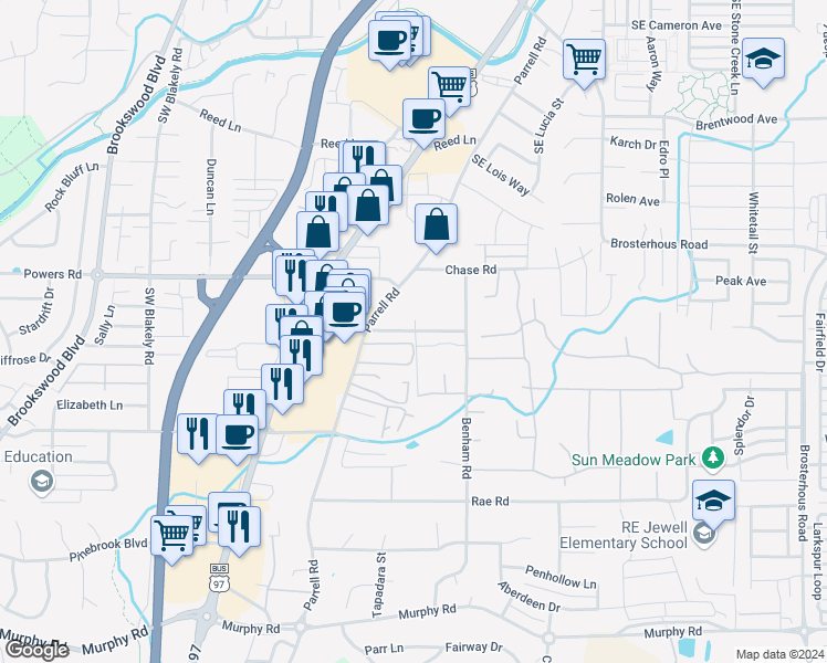 map of restaurants, bars, coffee shops, grocery stores, and more near 61344 Parrell Road in Bend