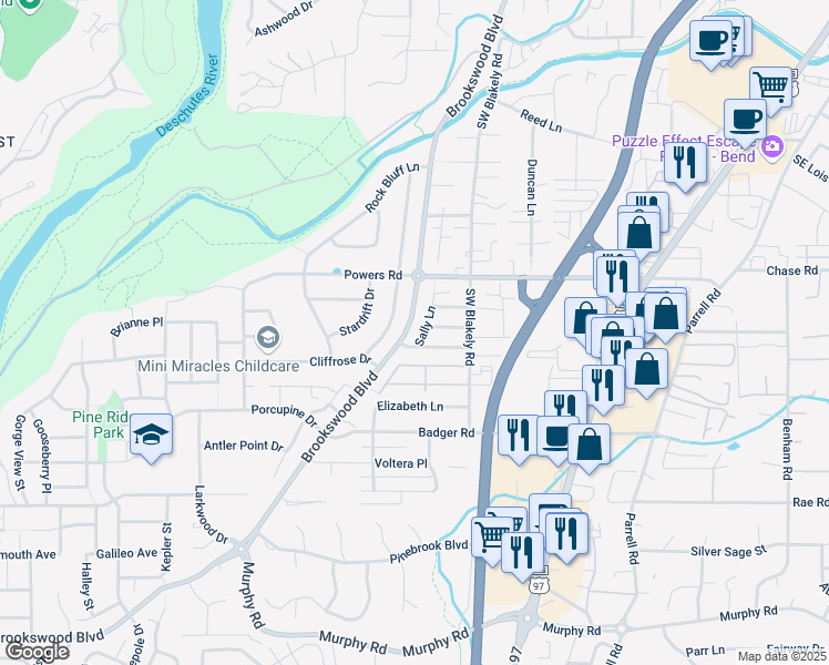 map of restaurants, bars, coffee shops, grocery stores, and more near in Bend