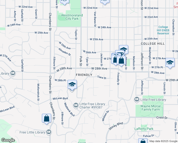 map of restaurants, bars, coffee shops, grocery stores, and more near 1165 West 28th Avenue in Eugene