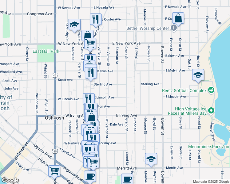 map of restaurants, bars, coffee shops, grocery stores, and more near 208 Sterling Avenue in Oshkosh