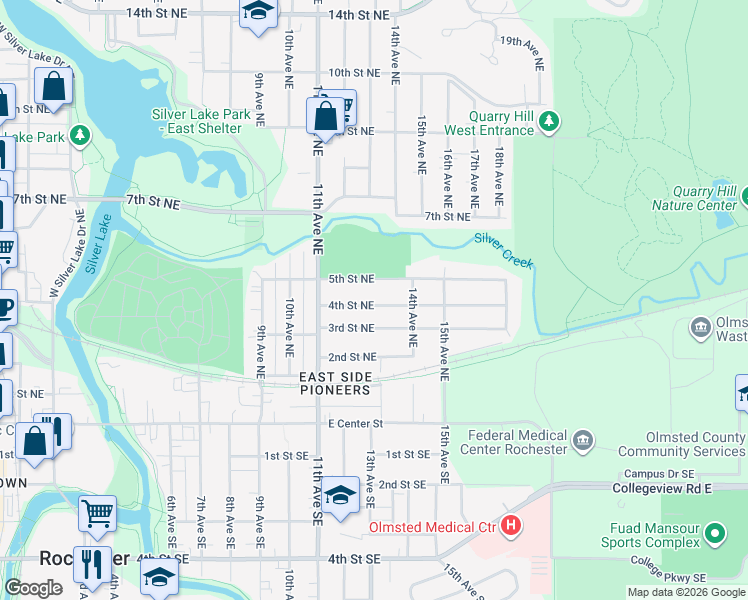 map of restaurants, bars, coffee shops, grocery stores, and more near 1222 5th Street Northeast in Rochester