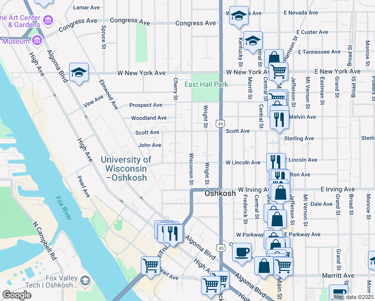 map of restaurants, bars, coffee shops, grocery stores, and more near 825 Wisconsin Street in Oshkosh