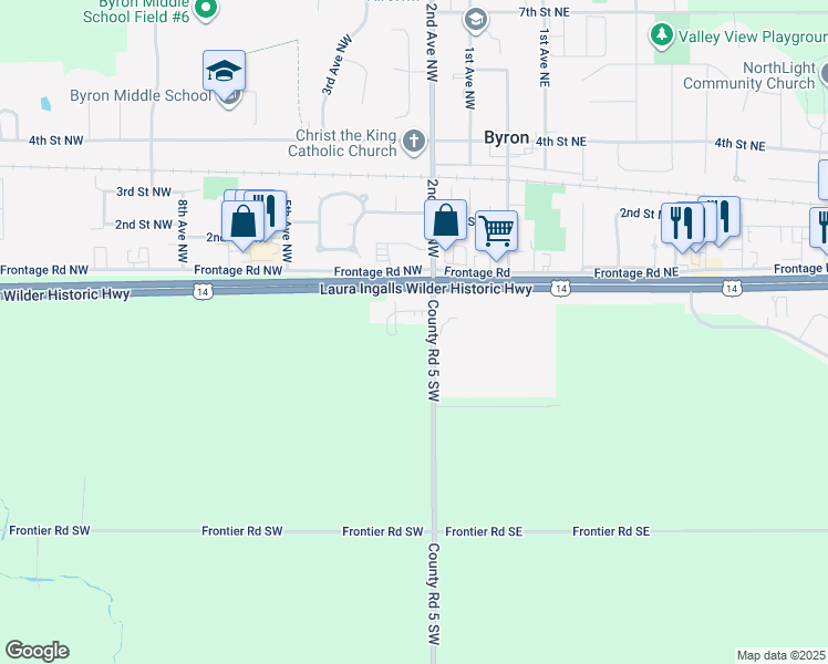 map of restaurants, bars, coffee shops, grocery stores, and more near 221 2nd Avenue Southwest in Byron