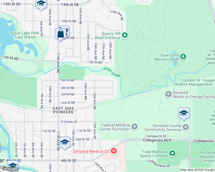 map of restaurants, bars, coffee shops, grocery stores, and more near 1525 5th Street Northeast in Rochester