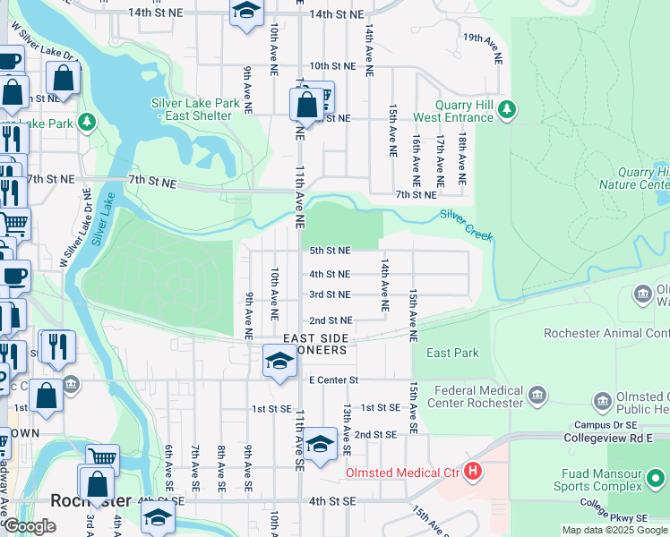 map of restaurants, bars, coffee shops, grocery stores, and more near 1217 4th Street Northeast in Rochester