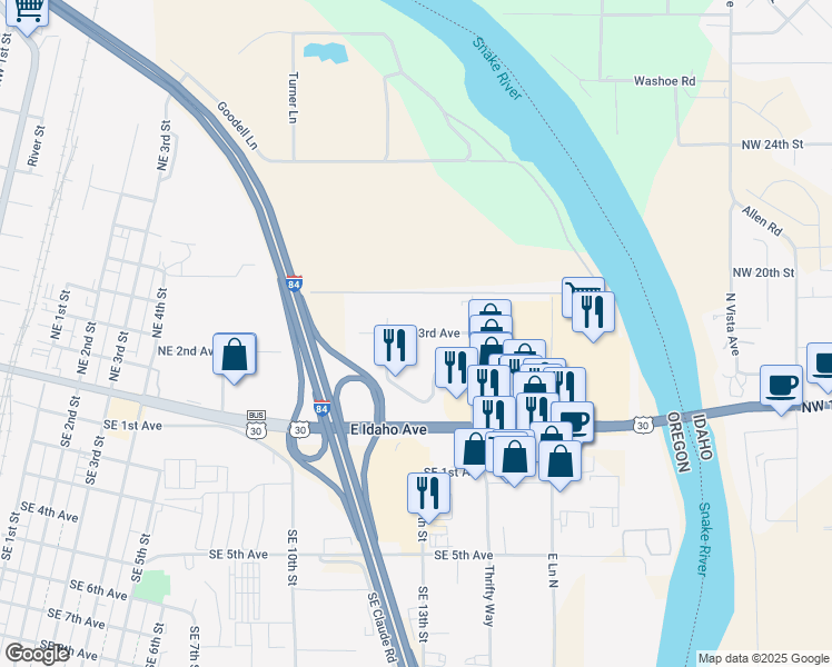 map of restaurants, bars, coffee shops, grocery stores, and more near 1241 Northeast 3rd Avenue in Ontario
