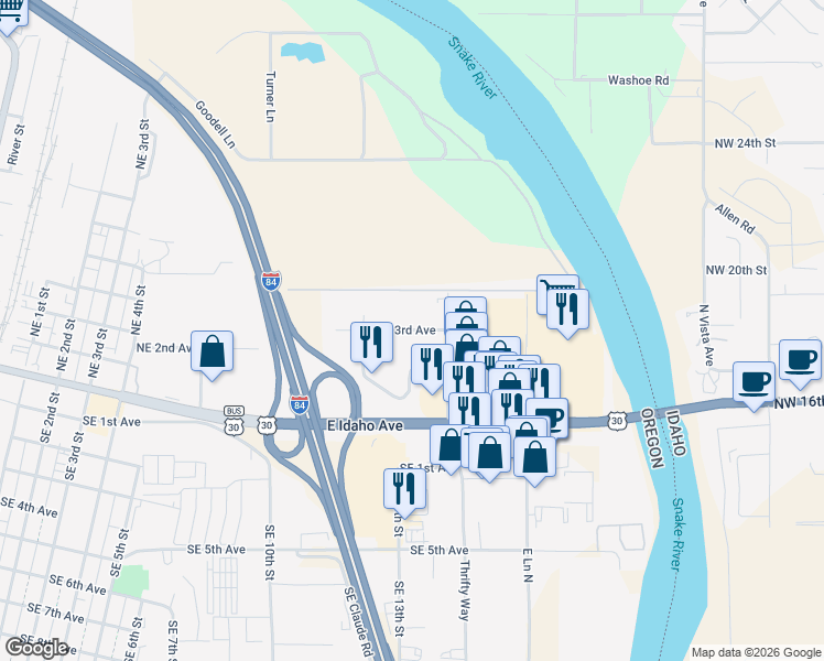 map of restaurants, bars, coffee shops, grocery stores, and more near 1241 Northeast 3rd Avenue in Ontario