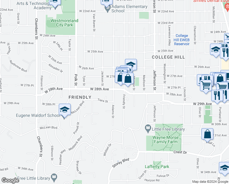 map of restaurants, bars, coffee shops, grocery stores, and more near 2823 Adams Street in Eugene