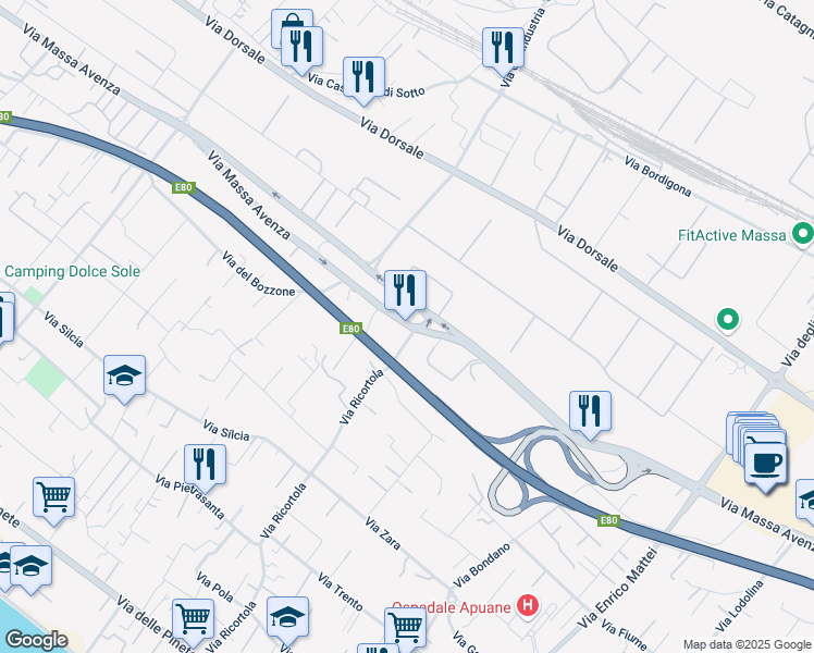 map of restaurants, bars, coffee shops, grocery stores, and more near 165 Via Massa Avenza in Massa