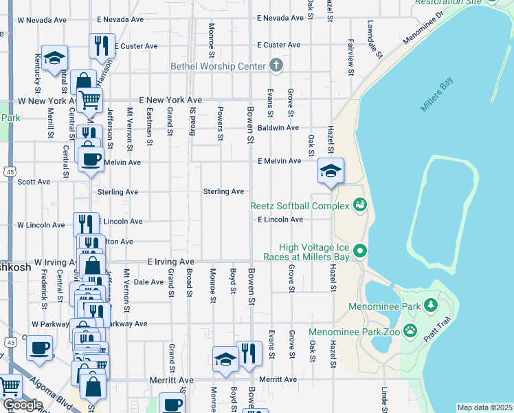 map of restaurants, bars, coffee shops, grocery stores, and more near 844 Bowen Street in Oshkosh