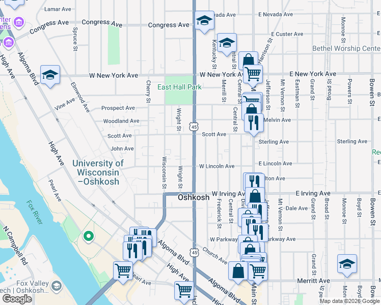 map of restaurants, bars, coffee shops, grocery stores, and more near 851 Wright Street in Oshkosh