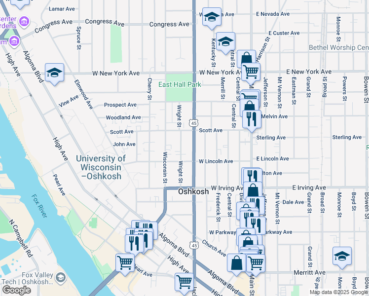 map of restaurants, bars, coffee shops, grocery stores, and more near 851 Wright Street in Oshkosh