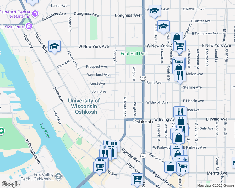map of restaurants, bars, coffee shops, grocery stores, and more near 845 Cherry Street in Oshkosh