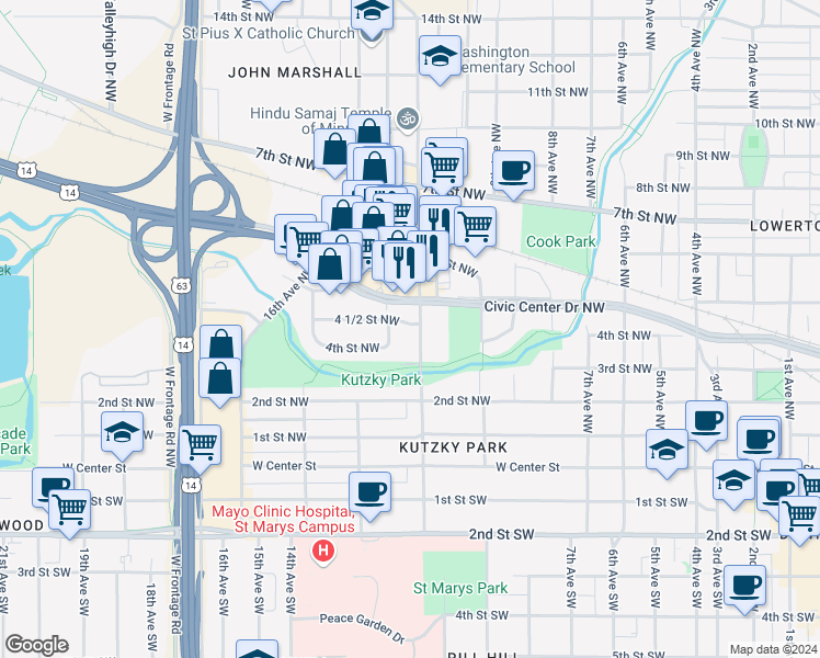 map of restaurants, bars, coffee shops, grocery stores, and more near 455 11th Avenue Northwest in Rochester