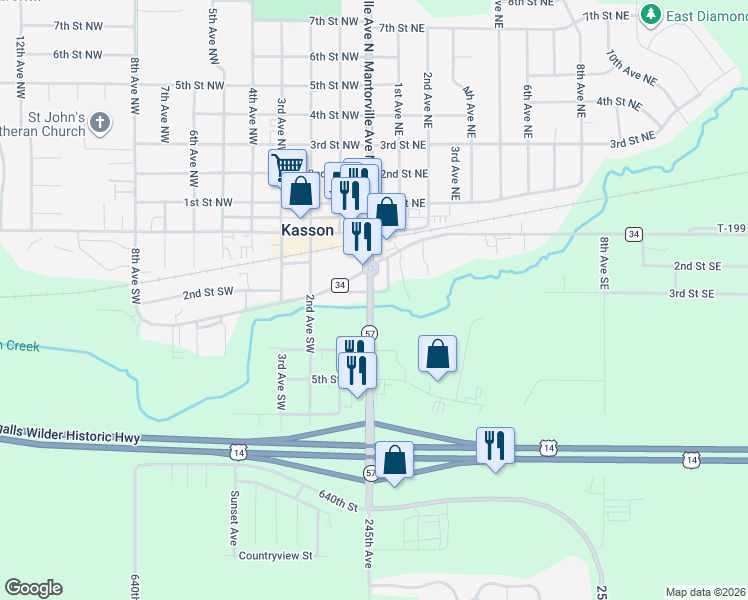map of restaurants, bars, coffee shops, grocery stores, and more near 504 Mantorville Avenue South in Kasson