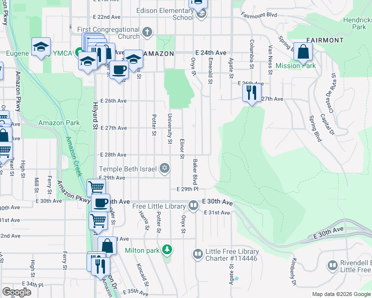 map of restaurants, bars, coffee shops, grocery stores, and more near 2745 Elinor Street in Eugene