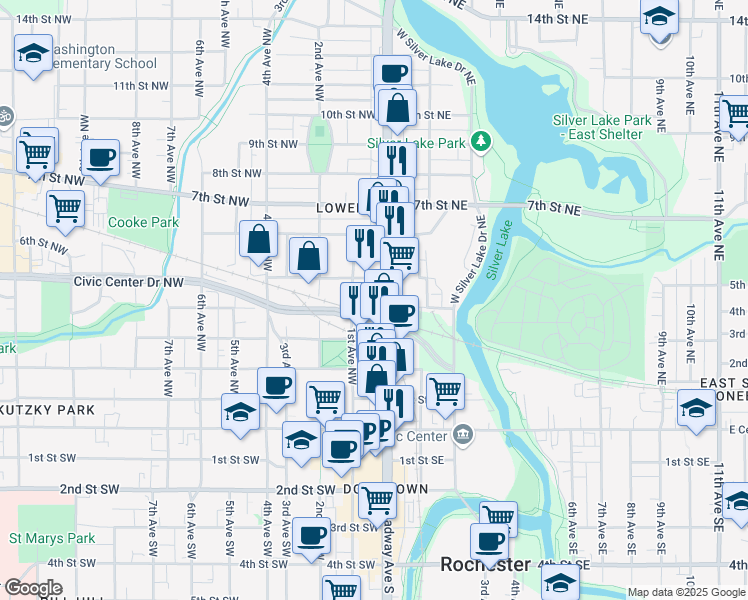 map of restaurants, bars, coffee shops, grocery stores, and more near 424 North Broadway Avenue in Rochester