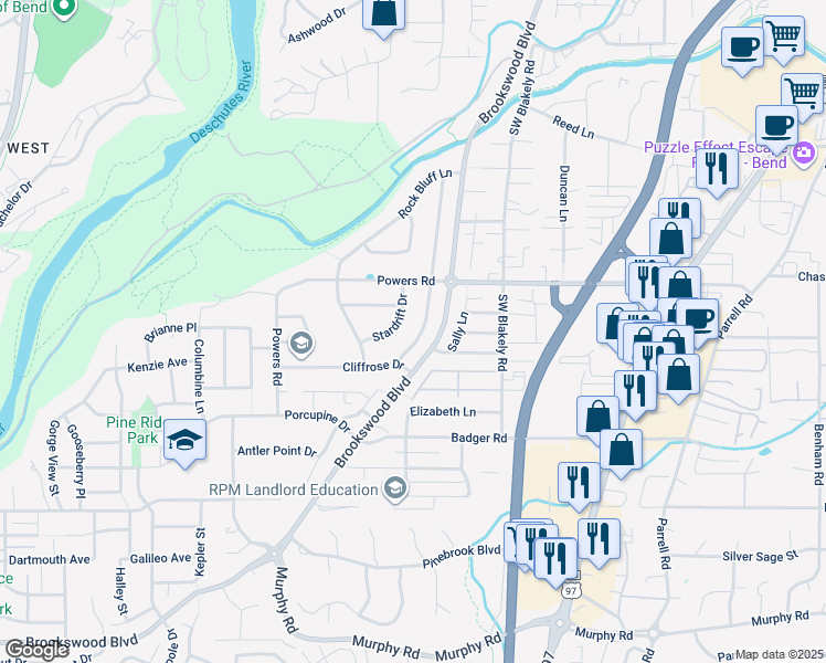 map of restaurants, bars, coffee shops, grocery stores, and more near 61349 Elkhorn Street in Bend