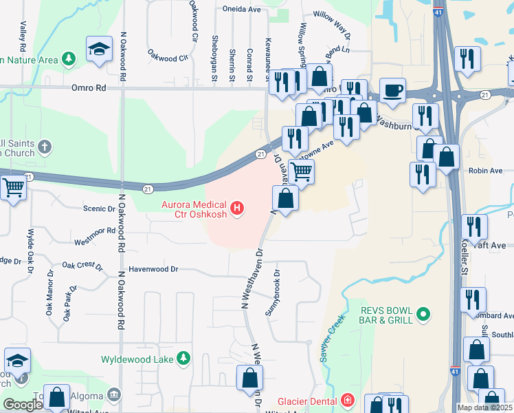map of restaurants, bars, coffee shops, grocery stores, and more near 855 North Westhaven Drive in Oshkosh