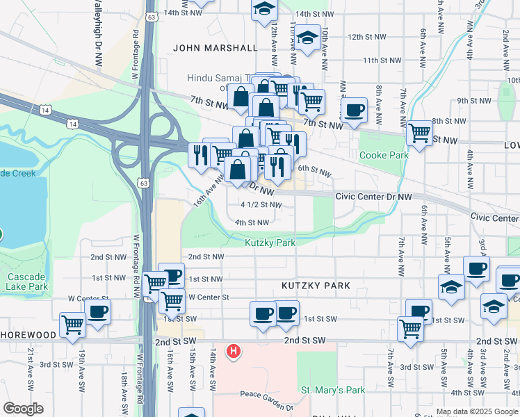 map of restaurants, bars, coffee shops, grocery stores, and more near 1217 4 1/2 Street Northwest in Rochester