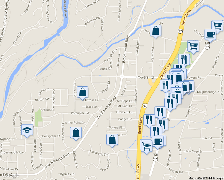 map of restaurants, bars, coffee shops, grocery stores, and more near 61366 Stardrift Drive in Bend