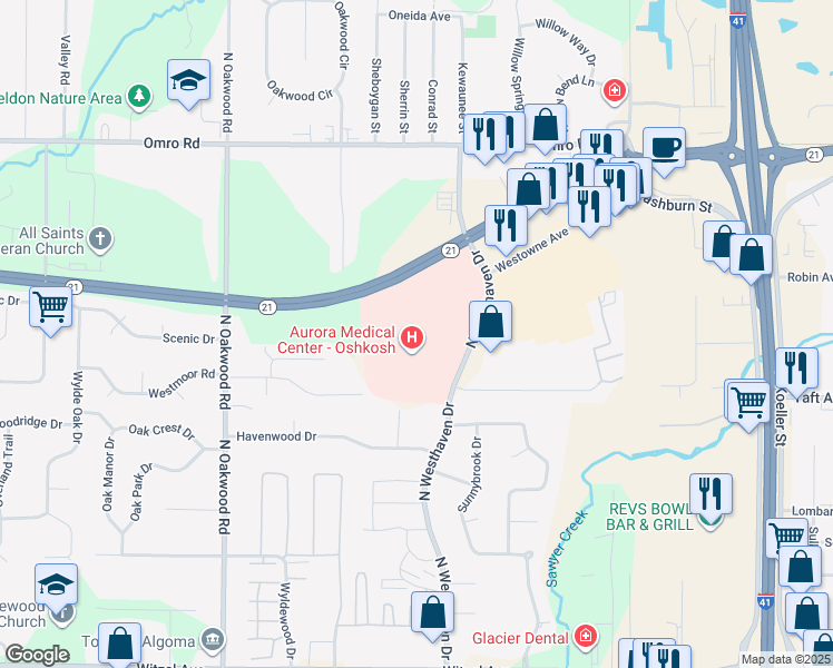 map of restaurants, bars, coffee shops, grocery stores, and more near 855 North Westhaven Drive in Oshkosh
