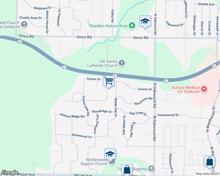 map of restaurants, bars, coffee shops, grocery stores, and more near 3077 Scenic Drive in Oshkosh