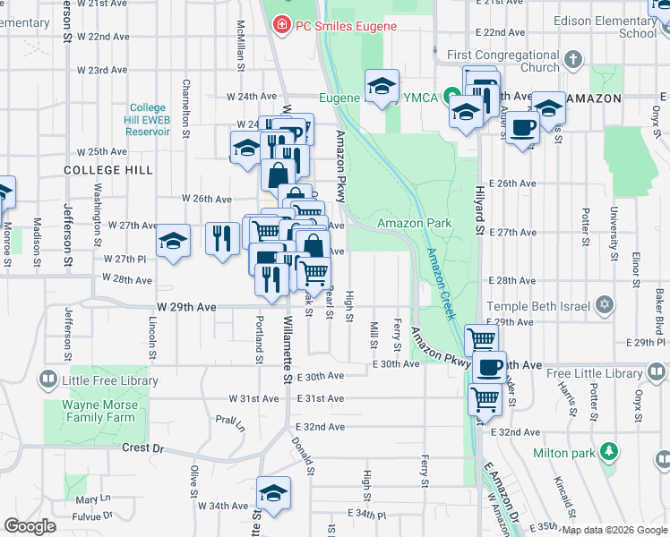 map of restaurants, bars, coffee shops, grocery stores, and more near 210 East 28th Avenue in Eugene