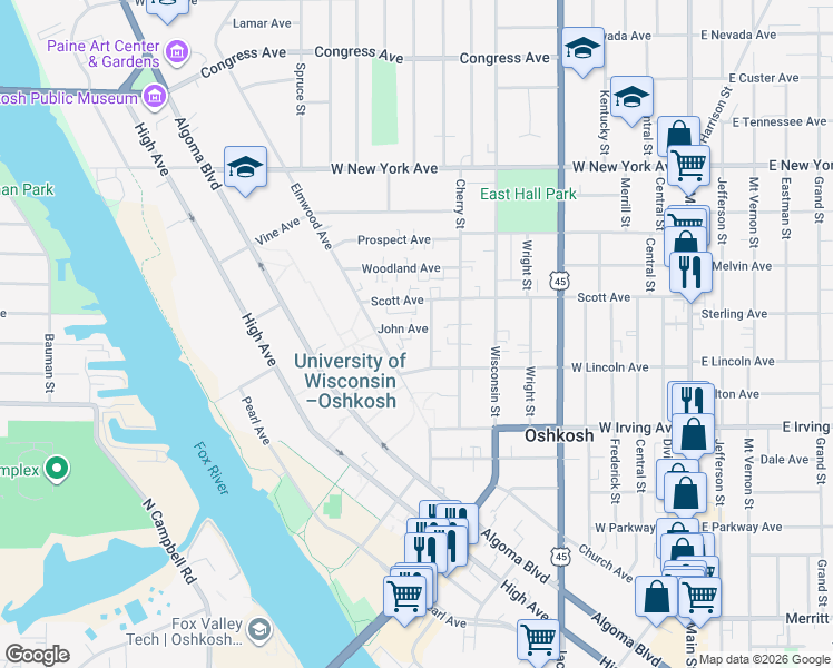 map of restaurants, bars, coffee shops, grocery stores, and more near 827 John Avenue in Oshkosh