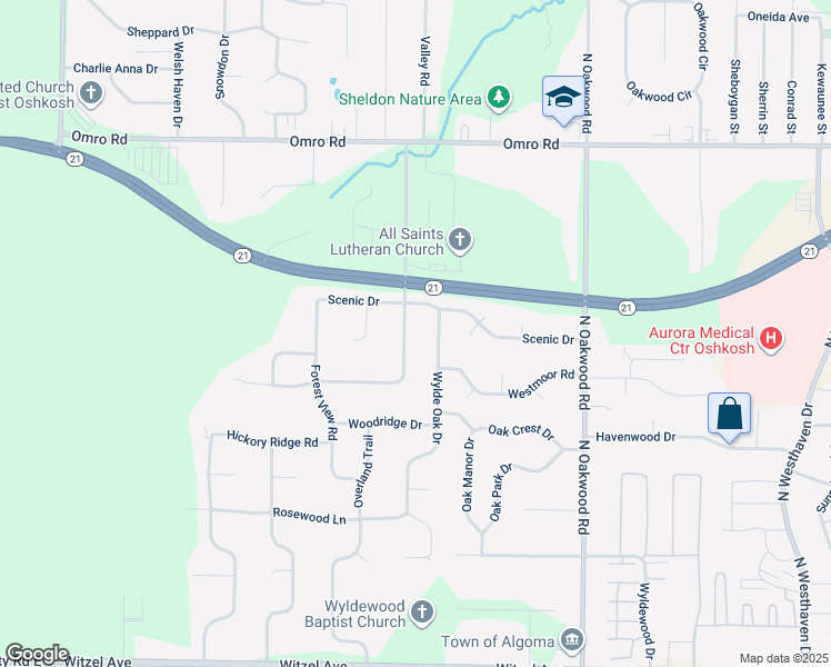 map of restaurants, bars, coffee shops, grocery stores, and more near 3077 Scenic Drive in Oshkosh
