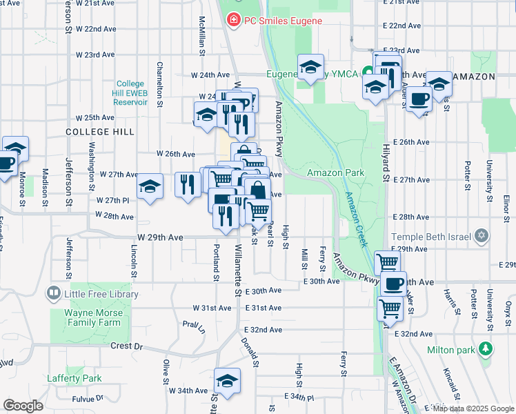 map of restaurants, bars, coffee shops, grocery stores, and more near 19 East 28th Avenue in Eugene