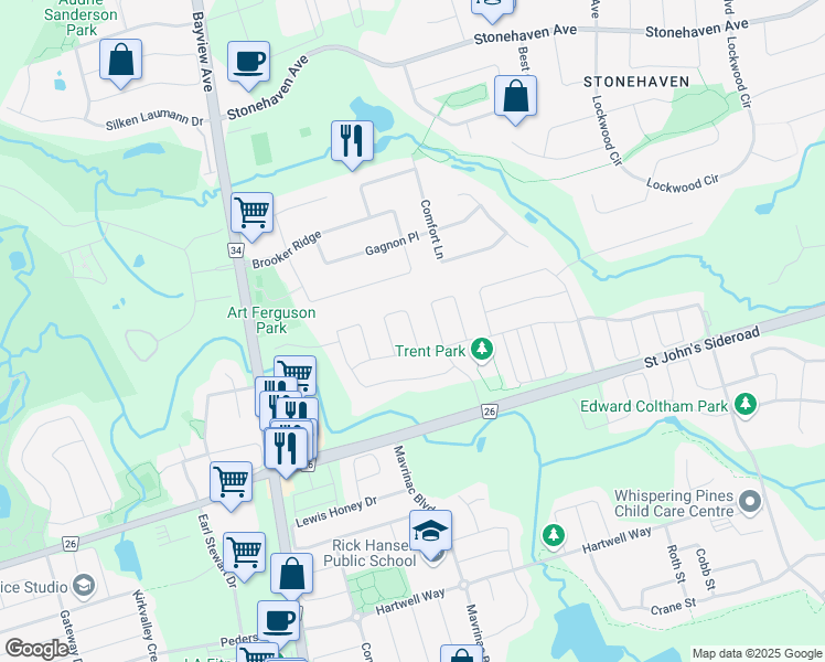 map of restaurants, bars, coffee shops, grocery stores, and more near Major Crescent in Aurora