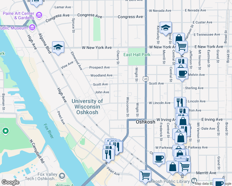 map of restaurants, bars, coffee shops, grocery stores, and more near 835 Cherry Street in Oshkosh