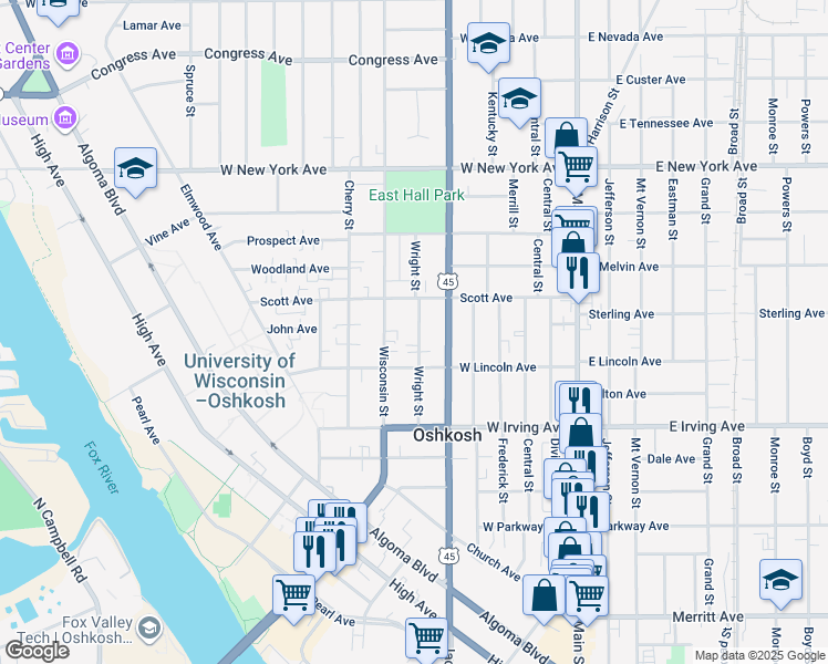 map of restaurants, bars, coffee shops, grocery stores, and more near 851 Wright Street in Oshkosh