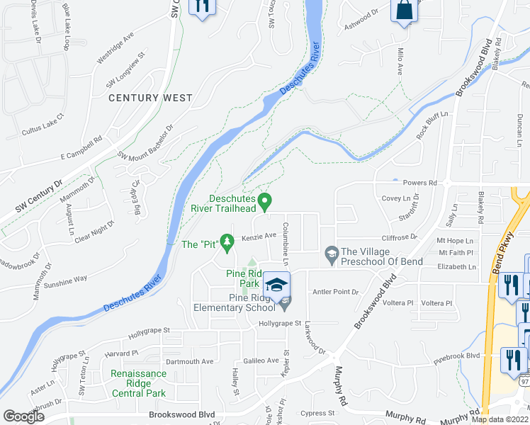 map of restaurants, bars, coffee shops, grocery stores, and more near Brianne Pl in Bend