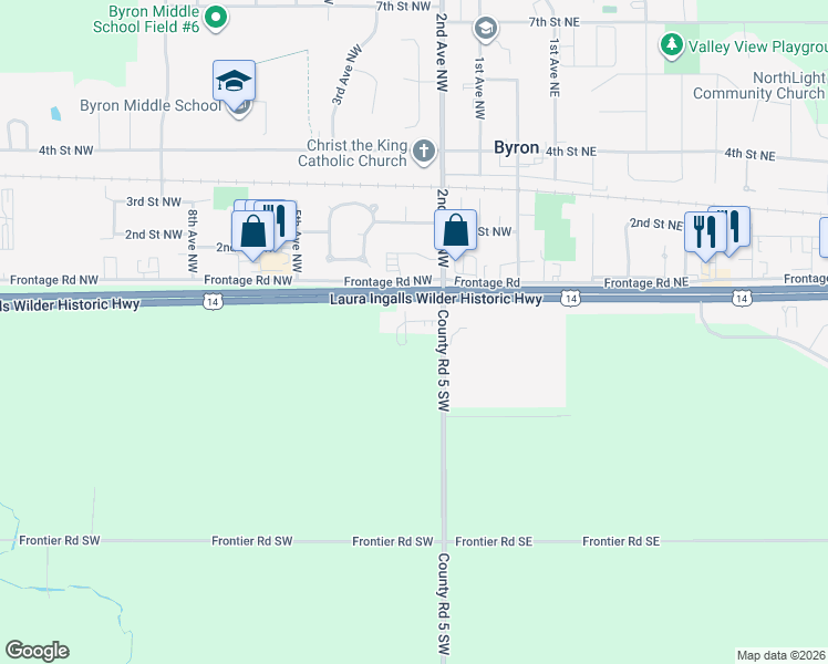 map of restaurants, bars, coffee shops, grocery stores, and more near 221 2nd Avenue Southwest in Byron
