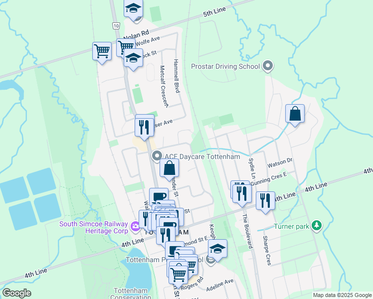 map of restaurants, bars, coffee shops, grocery stores, and more near 38 Eastern Avenue in New Tecumseth
