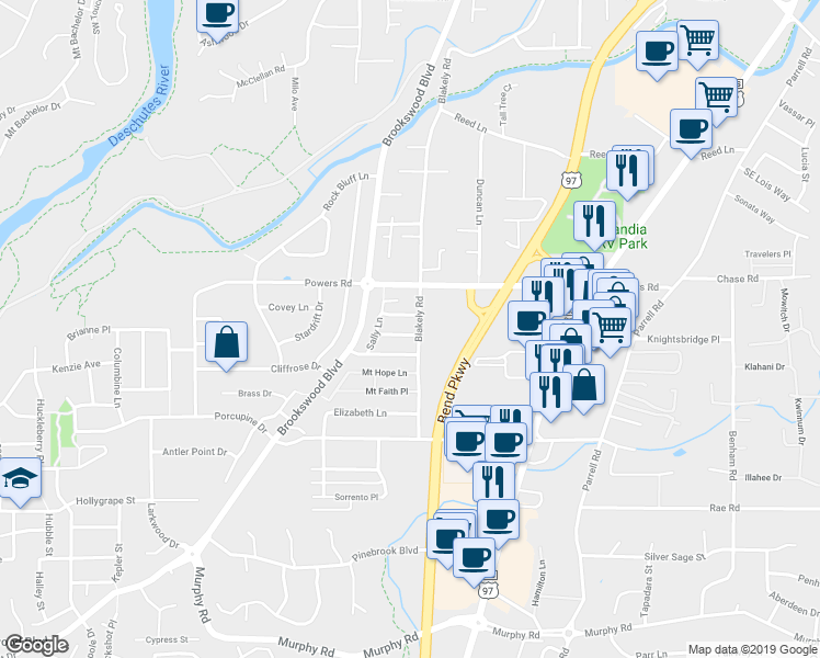 map of restaurants, bars, coffee shops, grocery stores, and more near 20078 Porter Place in Bend