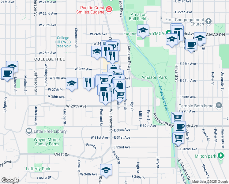 map of restaurants, bars, coffee shops, grocery stores, and more near 19 East 28th Avenue in Eugene